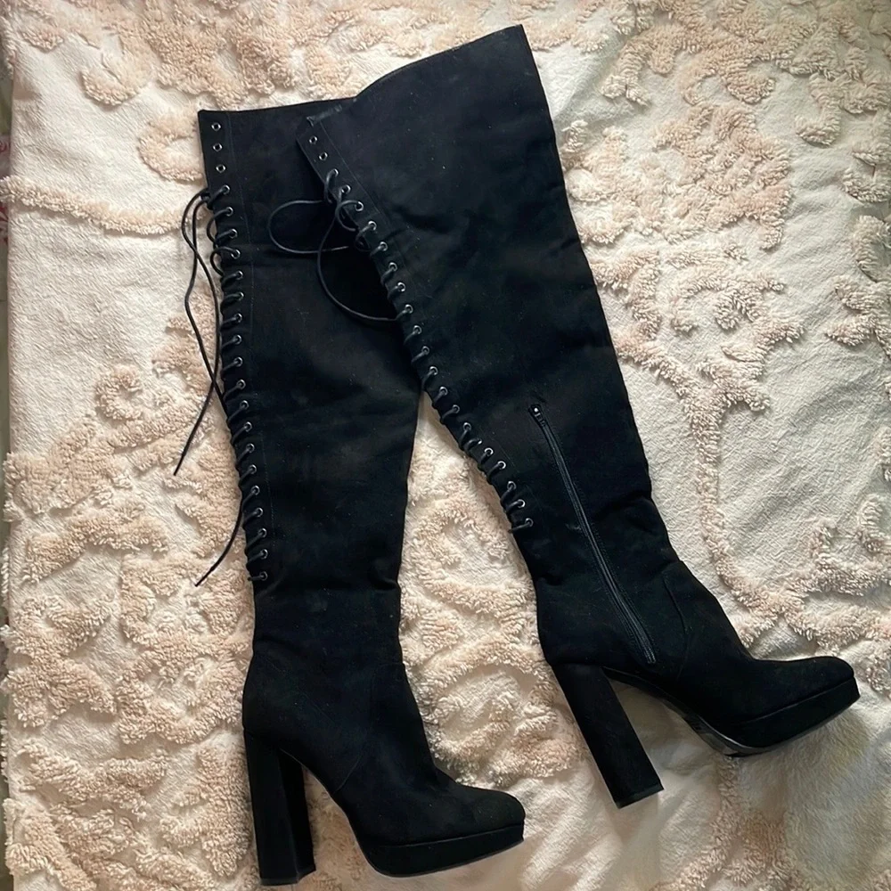 Thigh High Platform High Heel Laced Boots - Picture 1 of 15